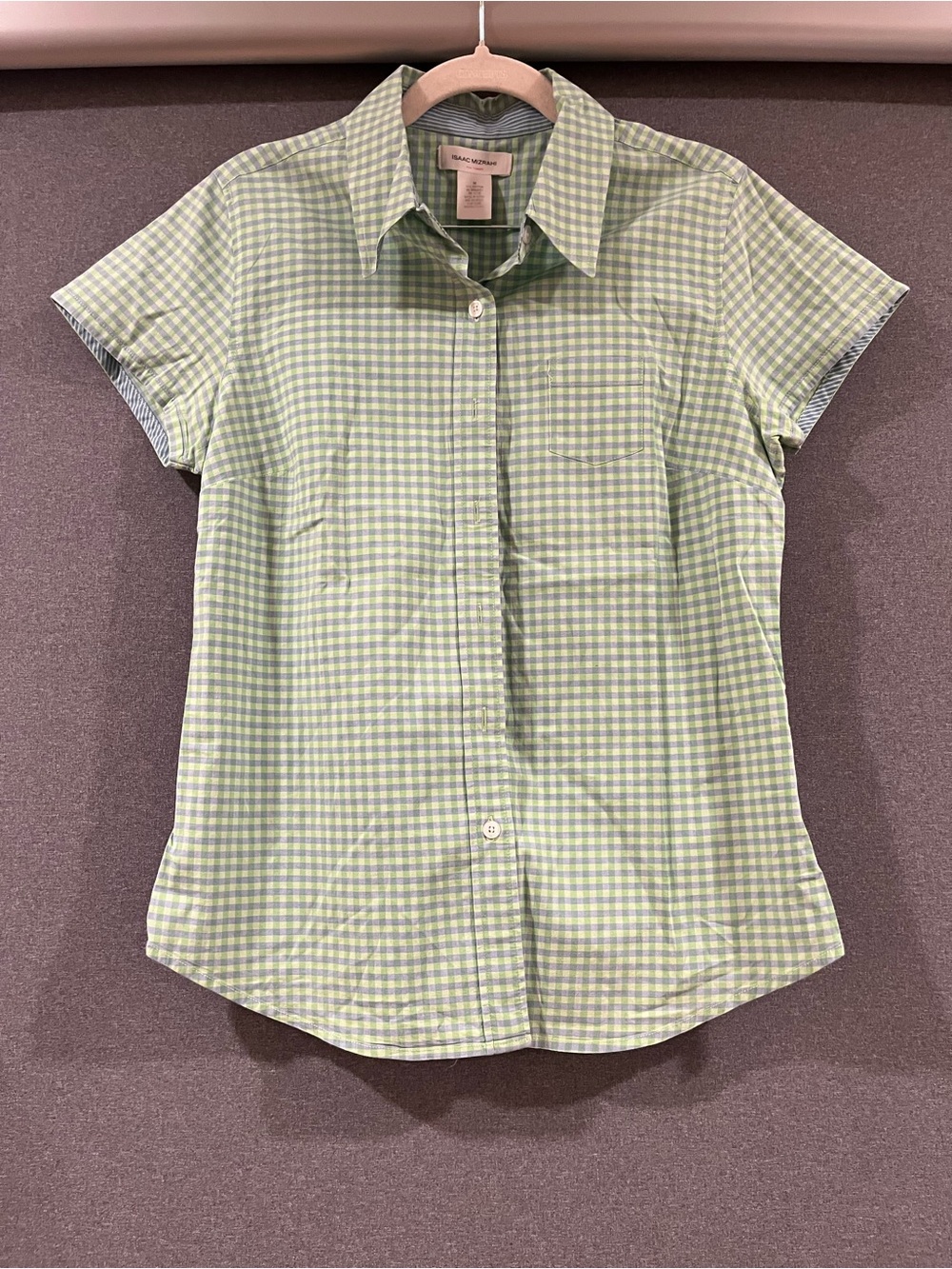 Issac Mizrahi Green Gingham Short-Sleeve Button Shirt